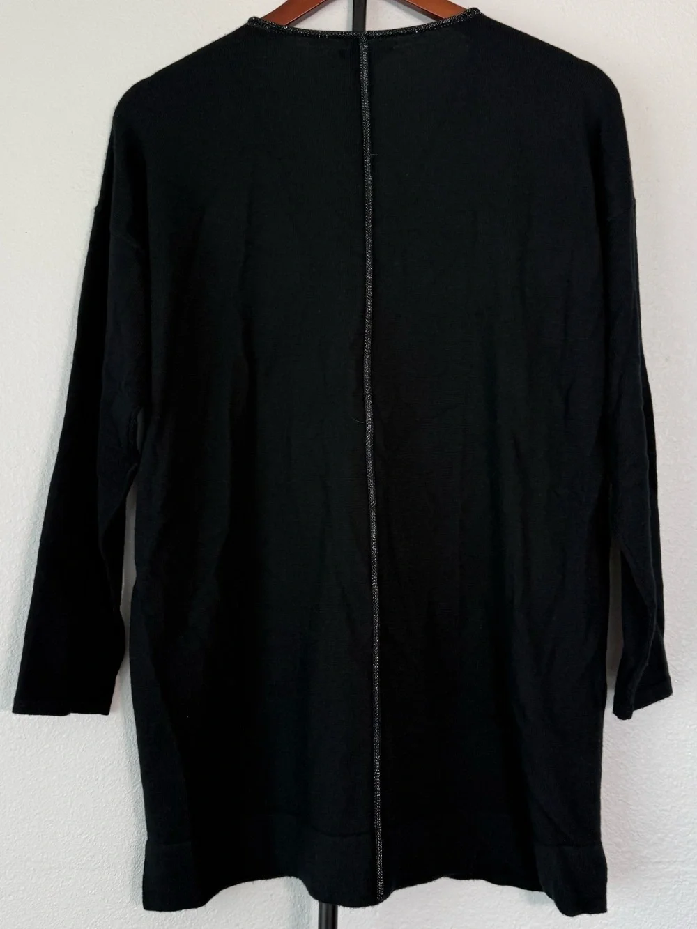 Eileen Fisher Merino Wool Metallic Trim V Neck Sweater Black Women Size S